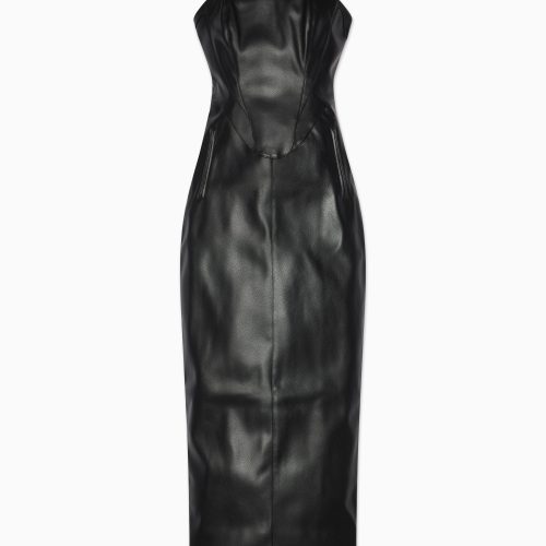 1 FAUX LEATHER STRAPLESS LONG DRESS FRONT