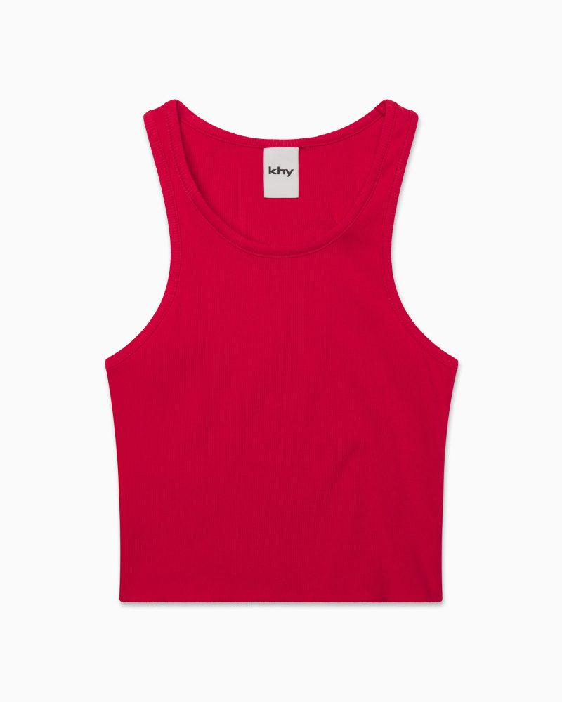 CROPPED RAW HEM RIB TANK RED F