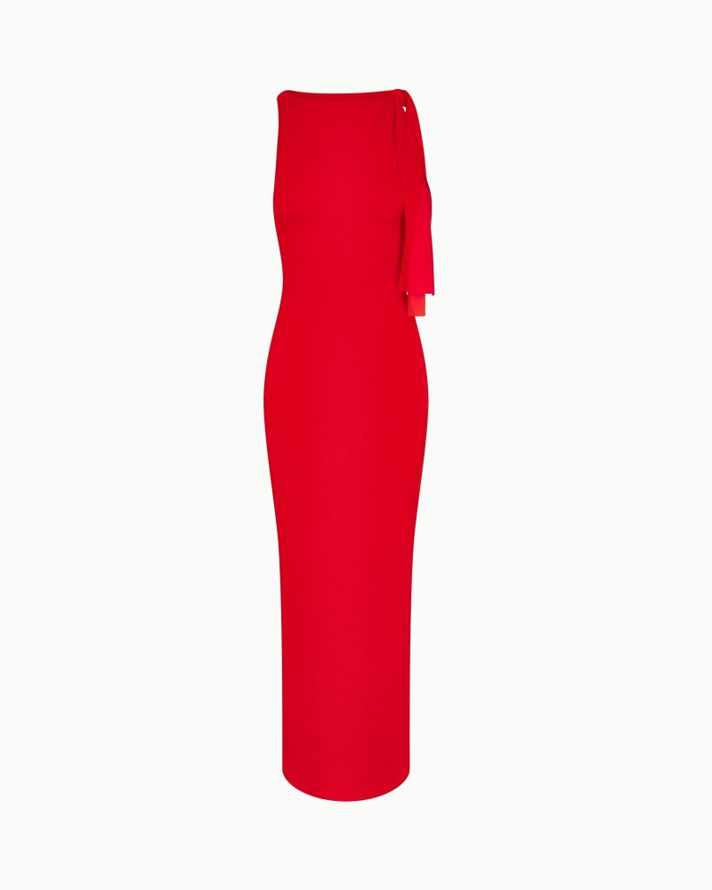 KNOTTED MAXI DRESS SUEDE TOMATO F1